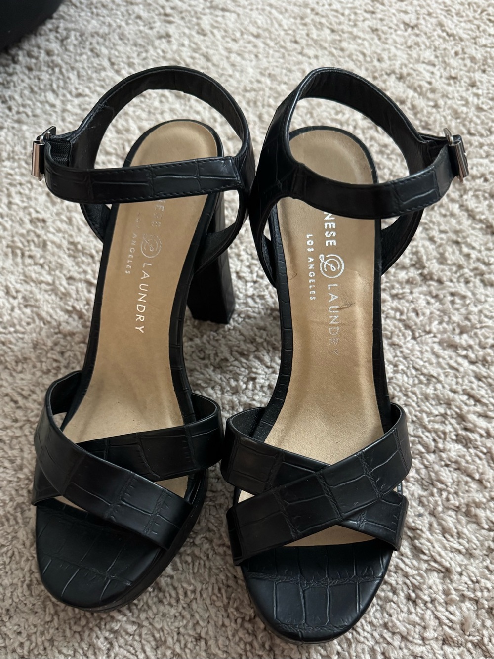 Chinese Laundry Black Croc-Embossed Ankle Strap Block Heels